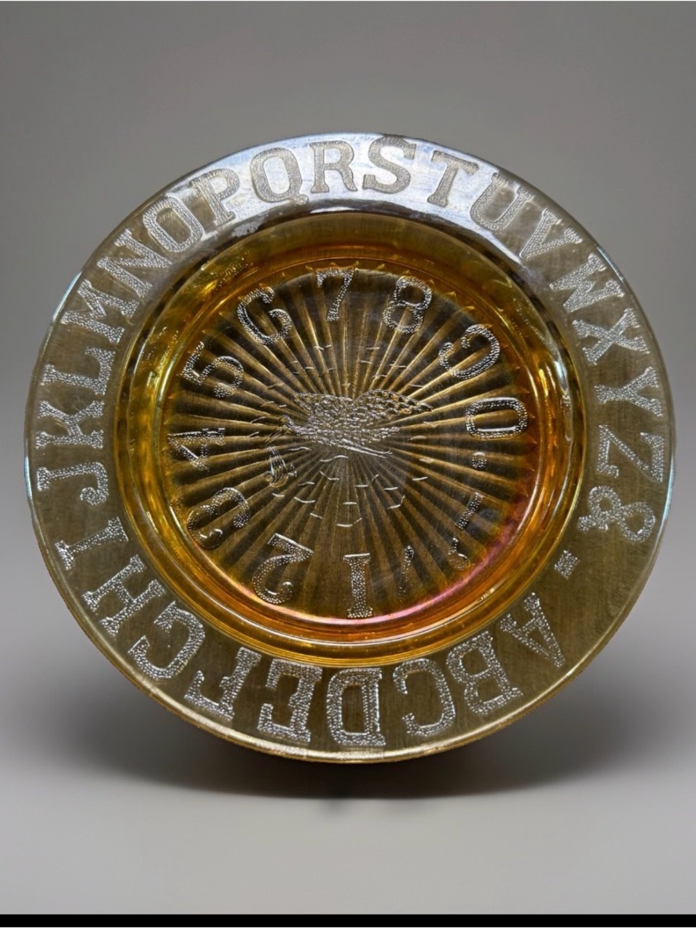 Vintage 1930s Baby Child's Bowl Carnival Glass Alphabet & Numeral dish 7 1/2"